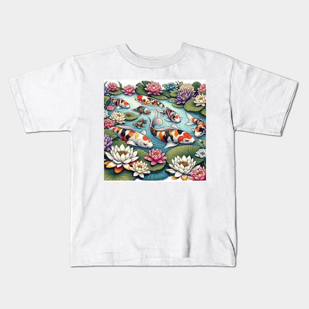 Koi Pond Kids T-Shirt by mieeewoArt